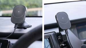 ダッシュボードやエアコンのルーバーに固定してスマホを充電できるエレコムのワイヤレス充電機能付き車載ホルダー